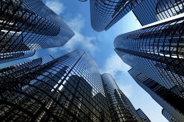 Upwards view of city buildings