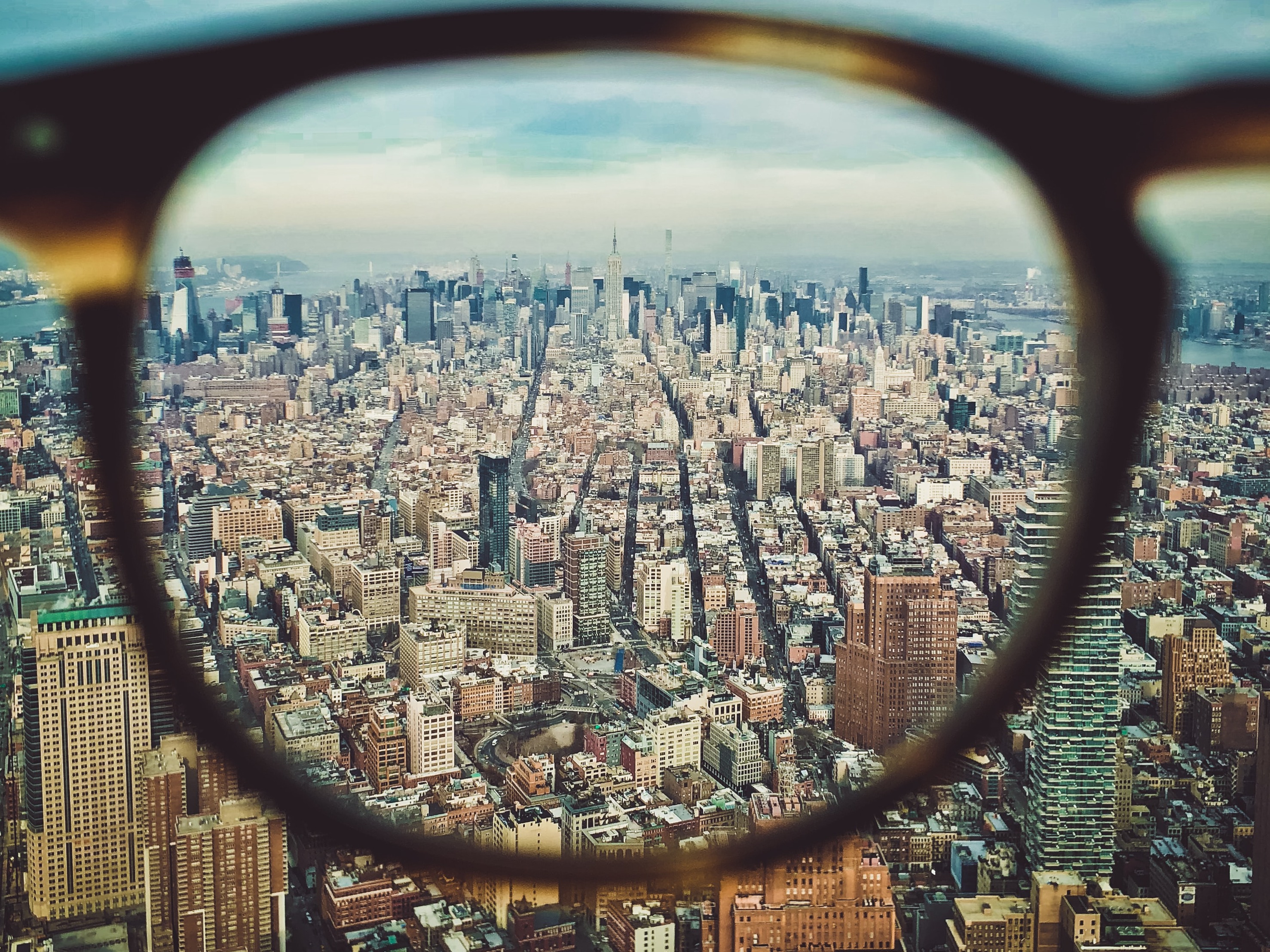 Looking through a lens over a downtown core
